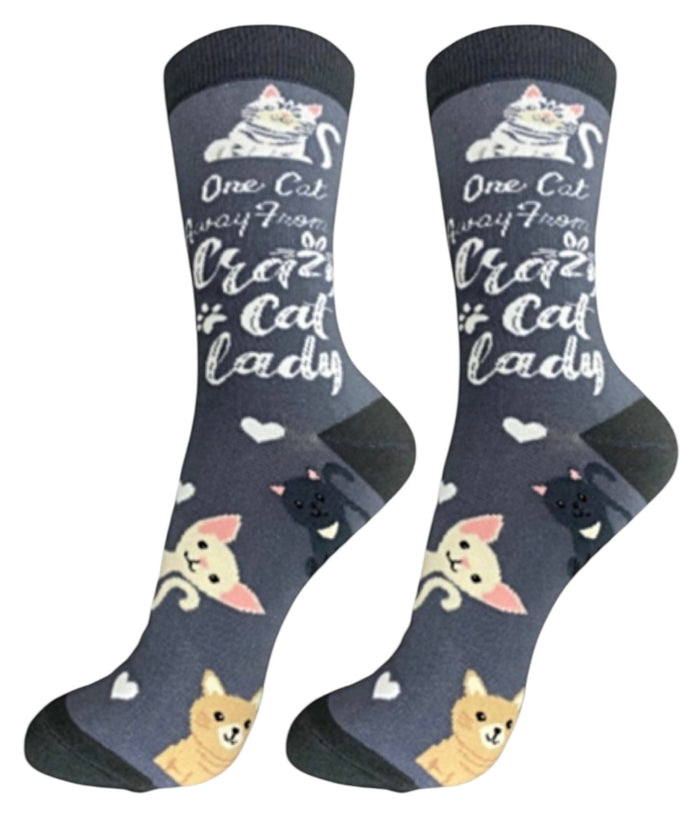 LIFE IS BETTER Brand Unisex ONE CAT AWAY FROM A CRAZY CAT LADY Socks By E&S Pets