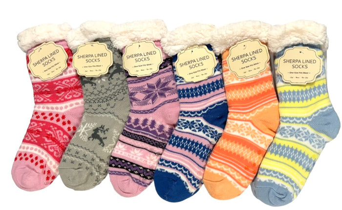 WINTER THEME Ladies Sherpa Lined Gripper Bottom Slipper Socks