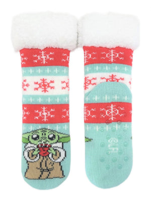 DISNEY Ladies THE MANDALORIAN BABY YODA Christmas Sherpa Lined Gripper Bottom Slipper Socks - Novelty Socks And Slippers