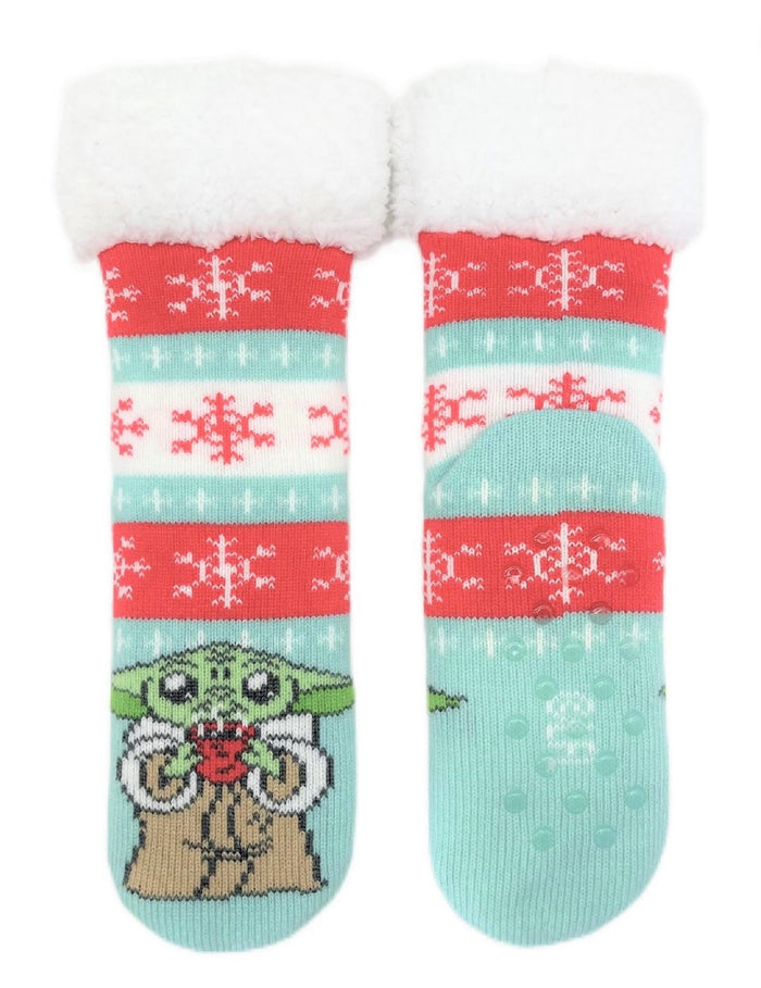 DISNEY Ladies THE MANDALORIAN BABY YODA Christmas Sherpa Lined Gripper Bottom Slipper Socks