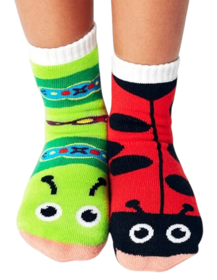 PALS Socks Brand Unisex Toddler LADYBUG & CATERPILLAR Mismatched Gripper Bottom Socks