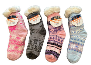 SNOWFLAKE Ladies Sherpa Lined Gripper Bottom Slipper Socks - Novelty Socks And Slippers