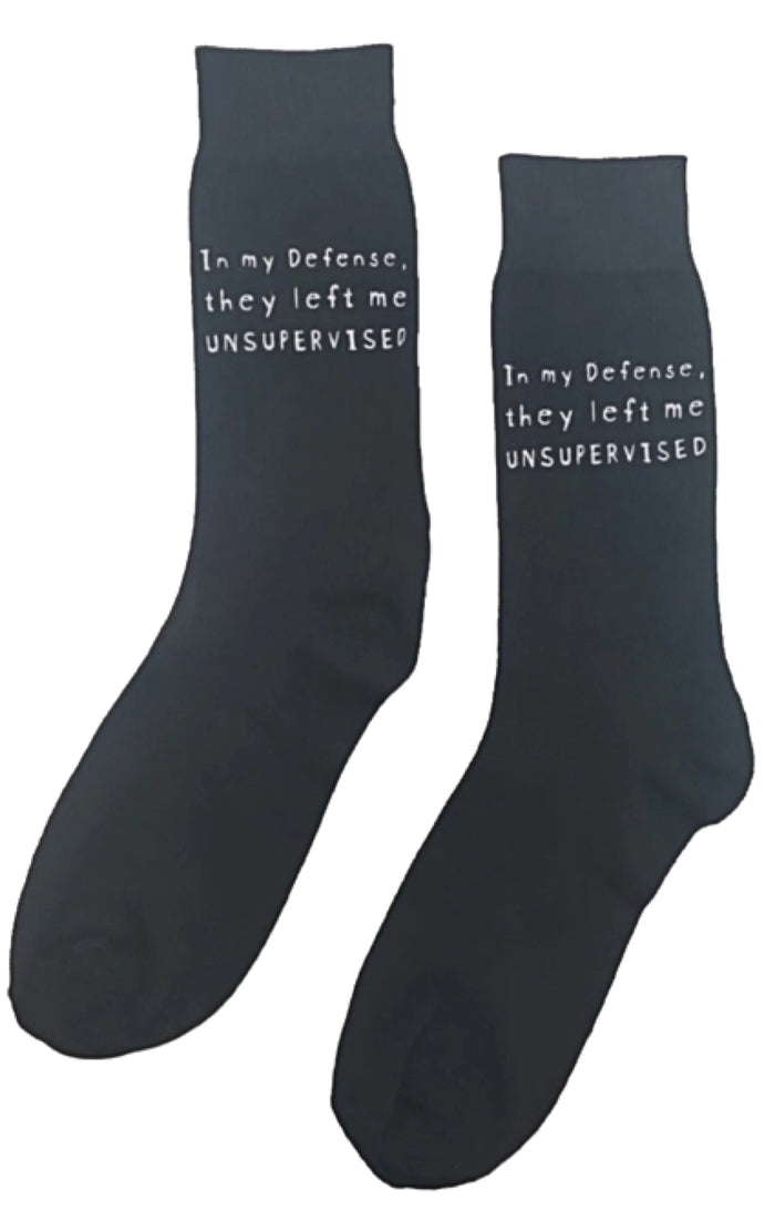 WHAT’D YOU SAY? Brand Unisex ‘IN MY DEFENSE, THEY LEFT ME UNSUPERVISED’ Socks