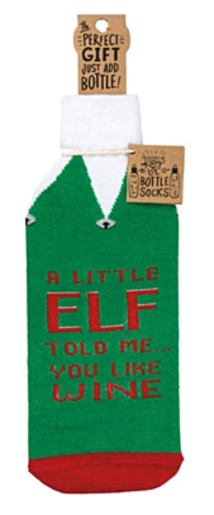 PRIMITIVES BY KATHY ALCOHOL WINE CHRISTMAS BOTTLE SOCK ‘A LITTLE ELF TOLD ME YOU LIKE WINE’ - Novelty Socks for Less