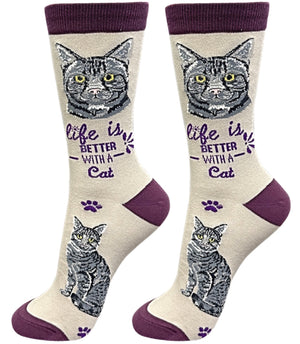 SILVER GRAY TABBY CAT Unisex Socks By E&S Pets CHOOSE SOCK DADDY, HAPPY TAILS, LIFE IS BETTER - Novelty Socks for Less