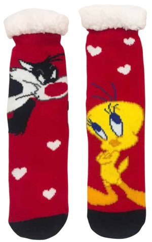 LOONEY TUNES Ladies SHERPA LINED GRIPPER BOTTOM SLIPPER SOCKS TWEETY BIRD & SYLVESTER THE CAT - Novelty Socks And Slippers