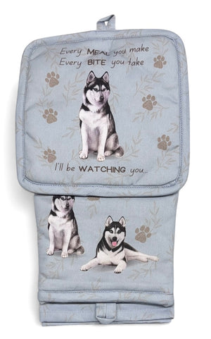SIBERIAN HUSKY Dog 3 Piece Oven Mitt & Tea Towel Set By E&S Pets - Novelty Socks And Slippers