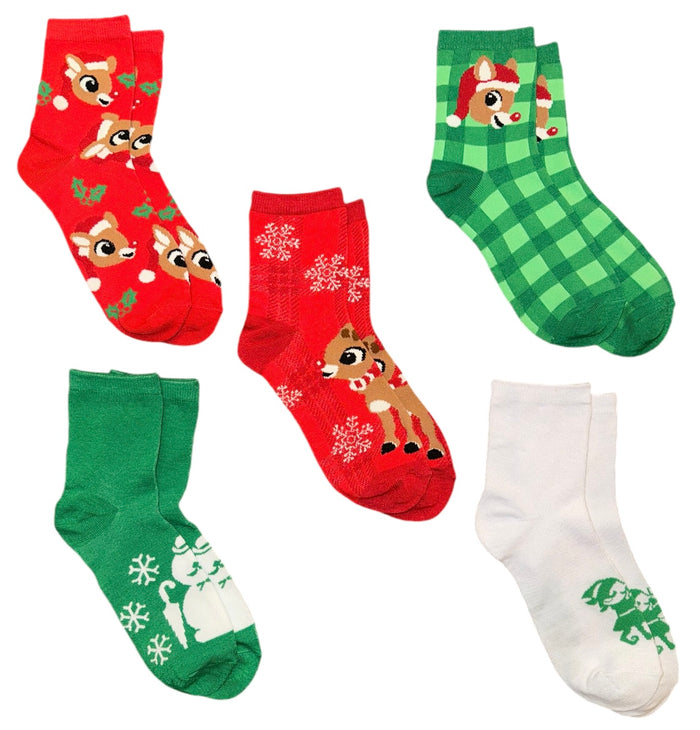 RUDOLPH THE RED NOSED REINDEER Ladies 5 Pair Of Socks SAM THE SNOWMAN