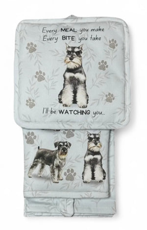 SCHNAUZER Dog 3 Piece Oven Mitt & Tea Towel Set By E&S Pets - Novelty Socks And Slippers