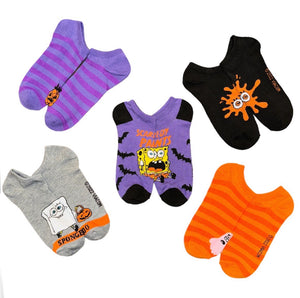 SPONGEBOB SQUAREPANTS LADIES HALLOWEEN 5 PAIR NO SHOW SOCKS ‘SCAREDY PANTS’ - Novelty Socks And Slippers