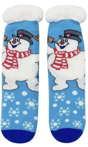 FROSTY THE SNOWMAN LADIES CHRISTMAS SHERPA LINED GRIPPER BOTTOM SLIPPER SOCKS - Novelty Socks And Slippers
