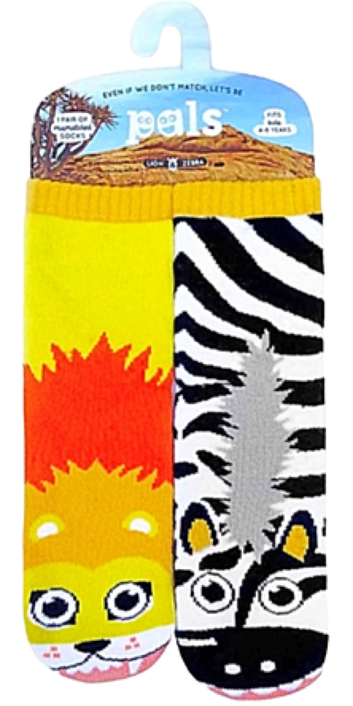 PALS SOCKS Brand Unisex LION & ZEBRA Mismatched Gripper Bottom Socks (CHOOSE SIZE)
