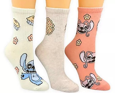 DISNEY LILO & STITCH Ladies 3 Pair Of THANKSGIVING Socks With Angel & Pies