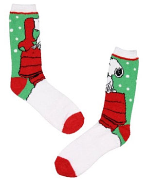 PEANUTS Ladies CHRISTMAS 2 Pair Of Fuzzy Plush Socks SNOOPY & WOODSTOCK - Novelty Socks for Less
