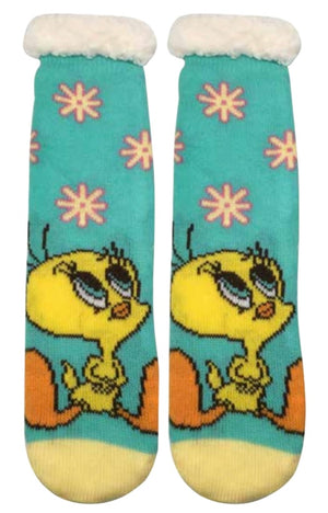 LOONEY TUNES Ladies TWEETY BIRD Sherpa Lined Gripper Bottom Slipper Socks - Novelty Socks And Slippers