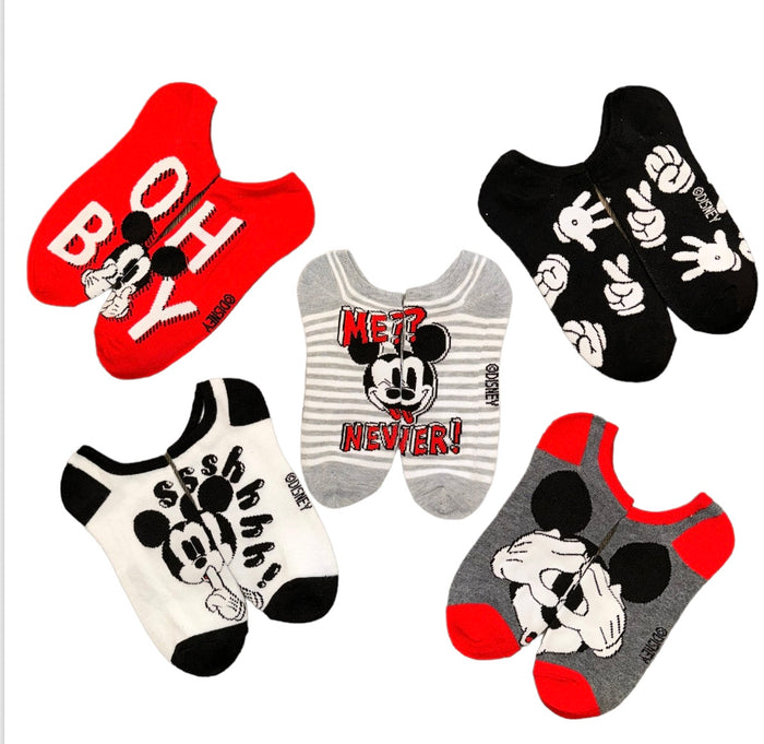 DISNEY Ladies MICKEY MOUSE 5 Pair Of No Show Socks ‘OH BOY’ ‘ME? NEVER!’