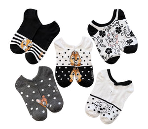 DISNEY Ladies 5 Pair Of NO SHOW Socks CHIP & DALE, BAMBI, ARISTOCATS - Novelty Socks And Slippers