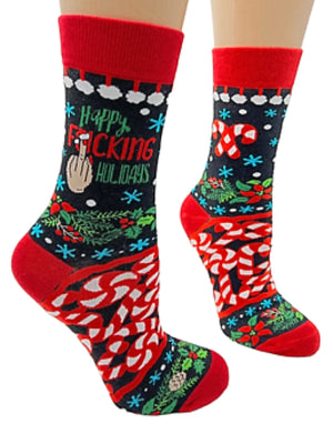 FABDAZ Brand Ladies MIDDLE FINGER CHRISTMAS Socks ‘HAPPY FUCKING HOLIDAYS’ - Novelty Socks for Less