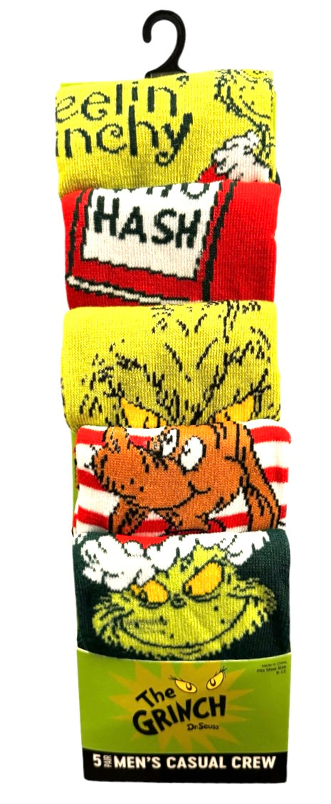 DR. SEUSS HOW THE GRINCH STOLE CHRISTMAS Men’s 5 Pair Of Socks Gift Set BIOWORLD Brand STINK STANK STUNK