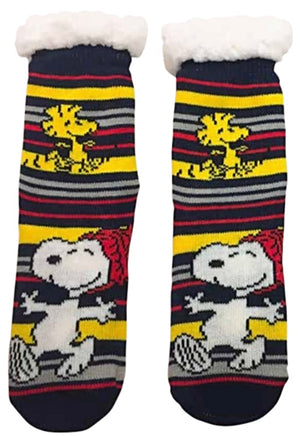 PEANUTS LADIES SNOOPY & WOODSTOCK SHERPA LINED GRIPPER BOTTOM SLIPPER SOCKS - Novelty Socks And Slippers