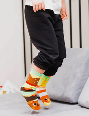 PALS SOCKS Brand Unisex BURGER & FRIES Mismatched Gripper Bottom Socks (CHOOSE SIZE) - Novelty Socks And Slippers