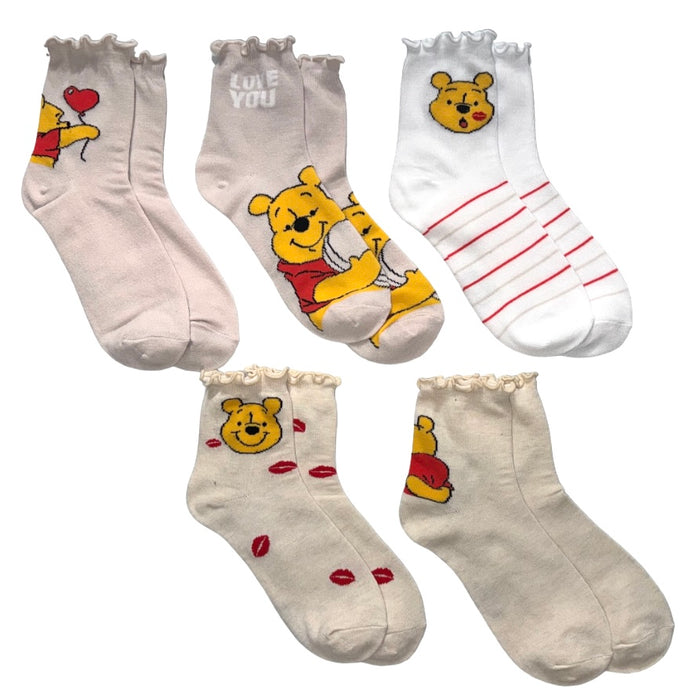 DISNEY WINNIE THE POOH Ladies 5 Pair Of VALENTINES DAY Socks ‘LOVE YOU’