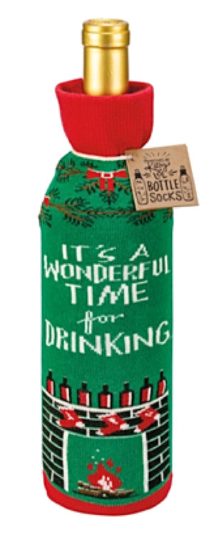 PRIMITIVES BY KATHY ALCOHOL WINE CHRISTMAS BOTTLE SOCK ‘IT’S A WONDERFUL TIME FOR DRINKING’ - Novelty Socks for Less