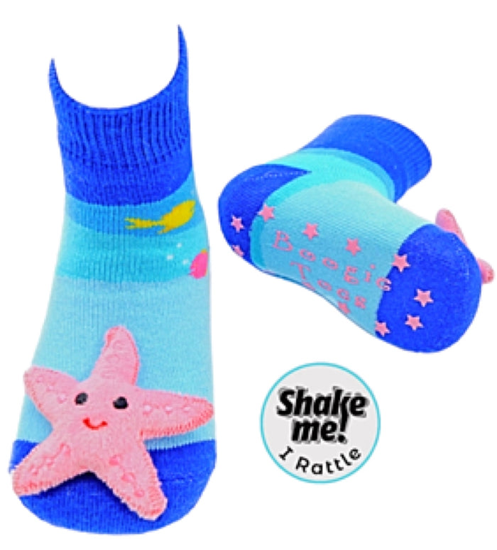 BOOGIE TOES Baby Unisex STARFISH & FISH Rattle Gripper Bottom Socks By PIERO LIVENTI
