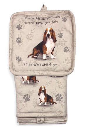 BASSET HOUND Dog 3 Piece Oven Mitt & Tea Towel Set By E&S Pets - Novelty Socks And Slippers