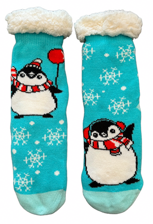 PENGUIN Ladies Sherpa Lined Gripper Bottom Slipper Socks (CHOOSE STYLE) - Novelty Socks And Slippers