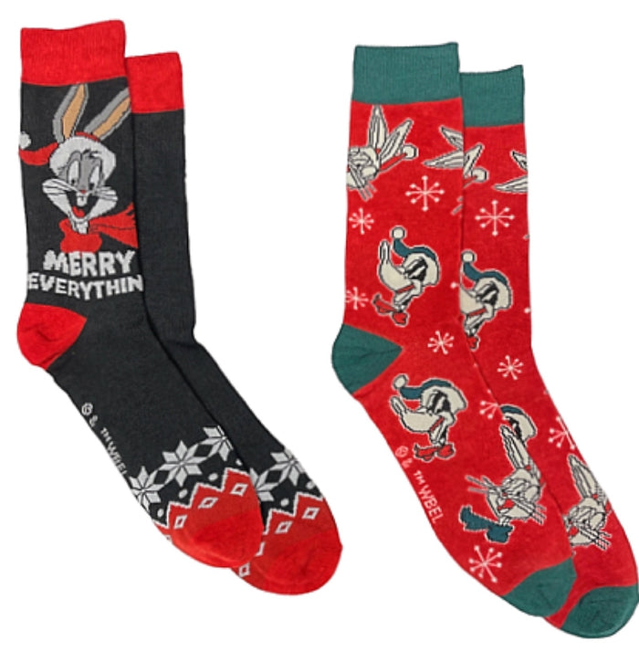 LOONEY TUNES Men’s CHRISTMAS 2 Pair Of Socks BUGS BUNNY, DAFFY DUCK ‘MERRY EVERYTHING’