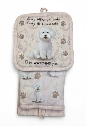 BICHON FRISE Dog 3 Piece Oven Mitt & Tea Towel Set By E&S Pets - Novelty Socks And Slippers