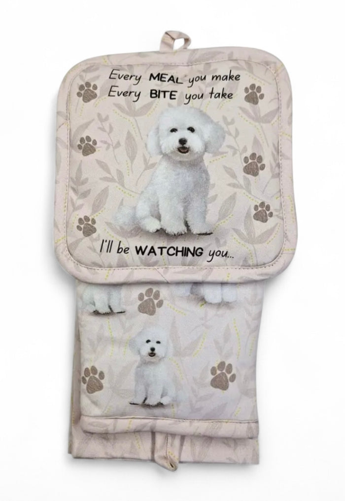 BICHON FRISE Dog 3 Piece Oven Mitt & Tea Towel Set By E&S Pets
