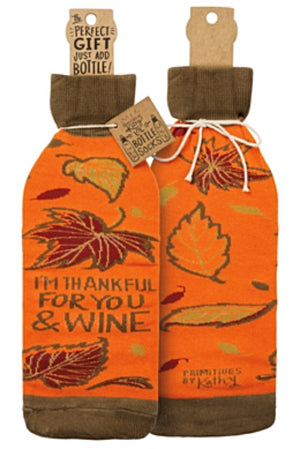 PRIMITIVES BY KATHY THANKSGIVING ALCOHOL WINE BOTTLE SOCK ‘I’M THANKFUL FOR YOU & WINE’ - Novelty Socks for Less