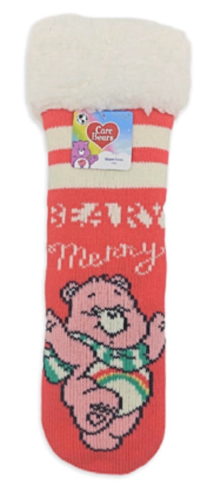 CARE BEARS Ladies CHRISTMAS Sherpa Lined Gripper Bottom Slipper Socks ‘BEARY MERRY’ - Novelty Socks for Less