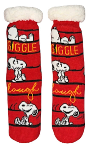 PEANUTS Ladies SNOOPY Sherpa Lined Gripper Bottom Slipper Socks ‘GIGGLE LAUGH’ - Novelty Socks And Slippers