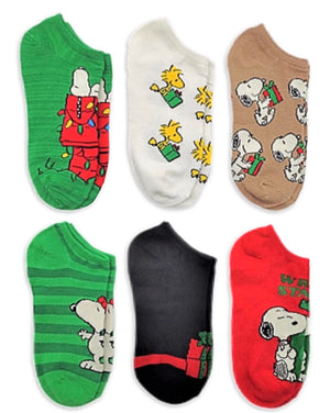 Peanuts Ladies CHRISTMAS 6 Pair Of No Show Socks SNOOPY & WOODSTOCK - Novelty Socks for Less
