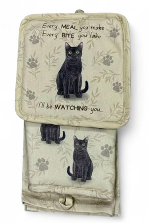 BLACK CAT 3 Piece Oven Mitt & Tea Towel Set By E&S Pets - Novelty Socks And Slippers