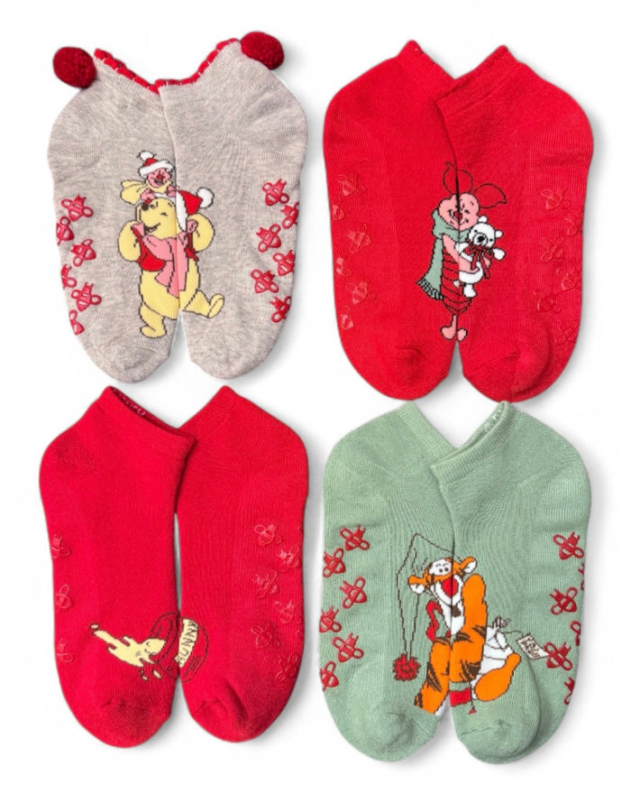 Disney Winnie The Pooh Ladies 4 Pair Of Christmas Thick No Show Gripper Bottom Slipper Socks