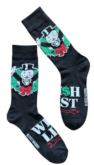 HASBRO MONOPOLY Board Game MEN’S CHRISTMAS SOCKS ‘WISH LIST’ - Novelty Socks And Slippers