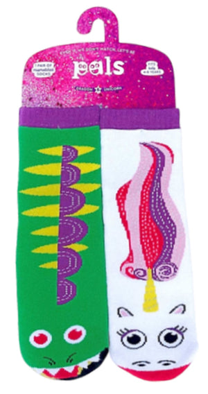 PALS SOCKS Brand Unisex UNICORN & DRAGON Gripper Bottom Mismatched Socks (CHOOSE SIZE) - Novelty Socks for Less