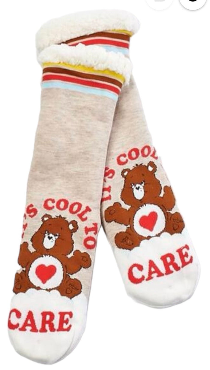 CARE BEARS Ladies Sherpa Lined Gripper Bottom Slipper Socks ‘IT’S COOL TO CARE’