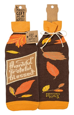 PRIMITIVES BY KATHY ALCOHOL WINE BOTTLE SOCK ‘THANKFUL GRATEFUL BLESSED’ - Novelty Socks for Less