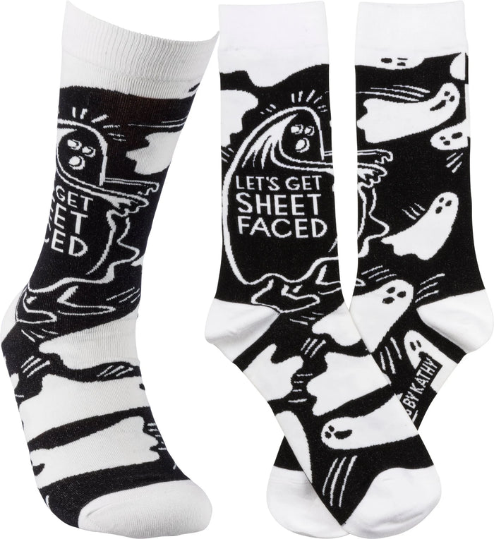 LET’S GET SHEET FACED Adult Unisex Halloween Socks Primitives By Kathy Brand