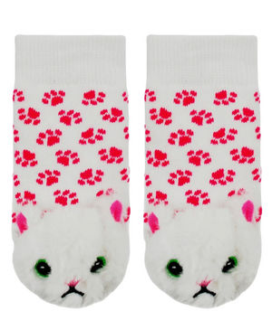 BOOGIE TOES Baby Unisex WHITE FURBALL CAT Rattle Gripper Bottom Socks (CHOOSE SIZE)