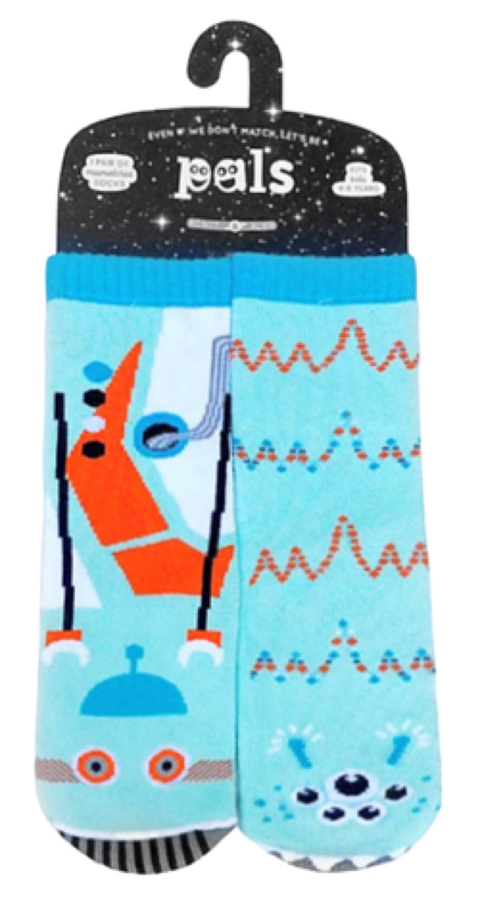 PALS SOCKS Brand Unisex ROBOT & ALIEN Mismatched Gripper Bottom Socks (CHOOSE SIZE)