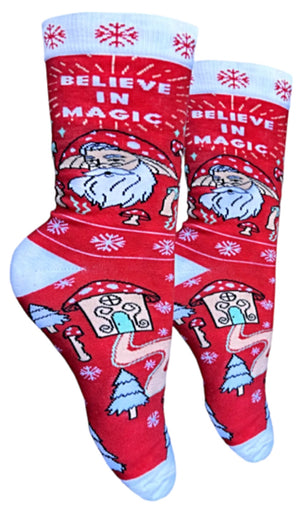 GROOVY THINGS Brand Ladies CHRISTMAS Socks With SANTA & MUSHROOMS ‘BELIEVE IN MAGIC’ - Novelty Socks for Less
