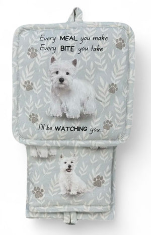WESTIE Dog 3 Piece Oven Mitt & Tea Towel Set By E&S Pets - Novelty Socks And Slippers