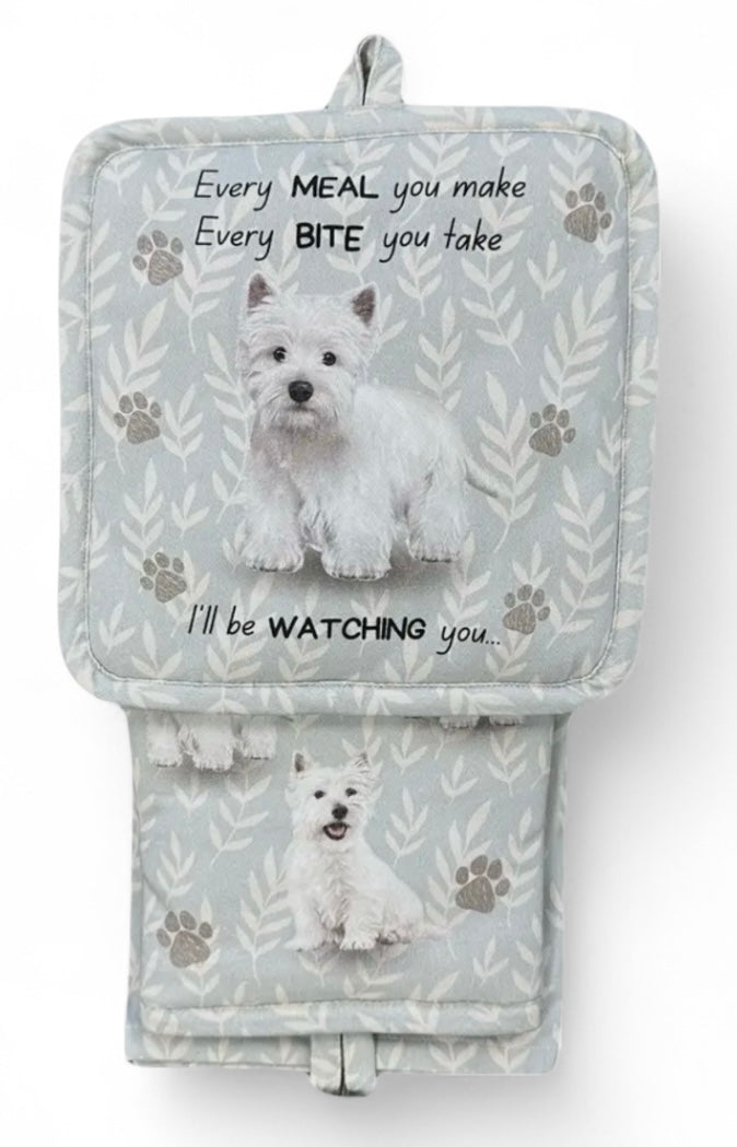 WESTIE Dog 3 Piece Oven Mitt & Tea Towel Set By E&S Pets