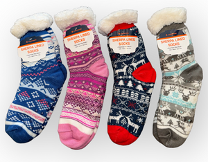 WINTER THEME Ladies Sherpa Lined Gripper Bottom Slipper Socks (CHOOSE STYLE) - Novelty Socks And Slippers